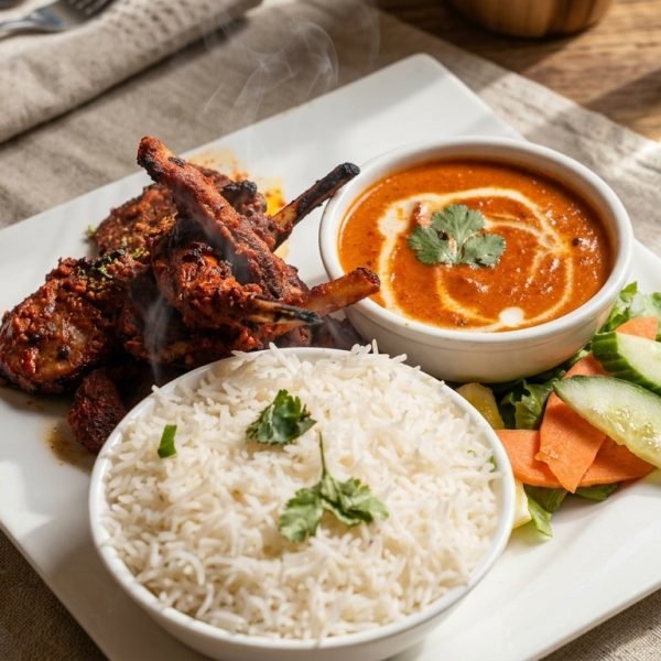 Grilled Lamb Chops platter served with fluffy basmati rice, curry sauce, and fresh salad