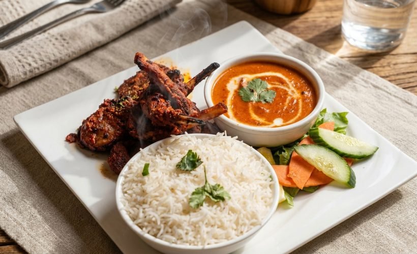 Grilled Lamb Chops platter served with fluffy basmati rice, curry sauce, and fresh salad